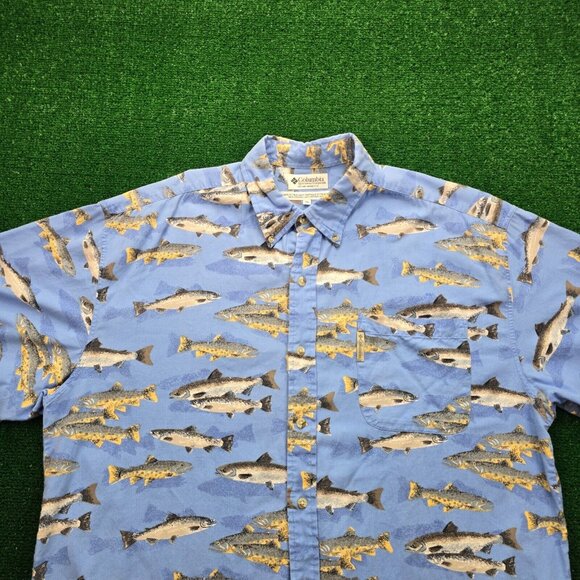 Columbia Shirt Mens XL/2XL Blue Button Down Fish All Over Print Outdoors Fishing - Picture 2 of 7